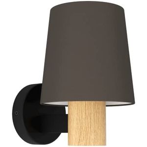 EGLO Wandlamp Edale, muurlamp in landelijke stijl, lamp wand binnen van cappuccinokleurig textiel, zwart metaal en eiken hout, FSC100HB, wandverlichting voor woonkamer en hal, wandspot met E27 fitting