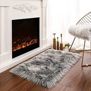 JINXIULL Topkwaliteit lamsvel tapijt 60 x 90 cm lamsvachttapijt Longhair imitatie wol bedmat sofa mat (grijs)