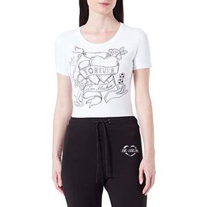 Love Moschino Dames Tight-Fitting Short Sleeves with Transparent Rhinestones T-Shirt, wit (optical white), 40