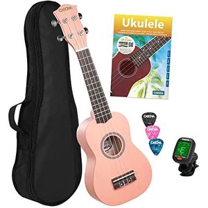 CASCHA Sopraan Ukelele set voor kinderen en volwassenen, starterset met 3 plectrum, leerboek, leervideo's via QR-code, stemapparaat, Aquila snaren, nylon, kleine Hawaii gitaar, roze