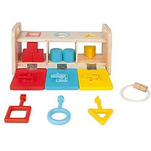 Janod - Essential - The Key Box - Early Years Educational Wooden Game 2-In-1 - Teaches Shapes, Colours and Fine Motor Skills - Water-Based Paint - from 18 Months, J05065