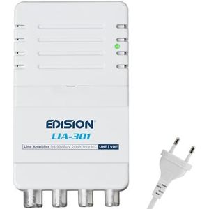 EDISION LIA-301 Binnenversterker UHF/VHF, 5-20 dB, verstelbaar, 98 dBmV, voor digitale terrestrische DVB-T/T2, met 5G LTE-filter, 1 ingang, 3 uitgangen, CEI-stekker