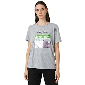 Koton T-shirt voor dames met ronde hals, korte mouwen, pailletten, bedrukt, grijs (027), L