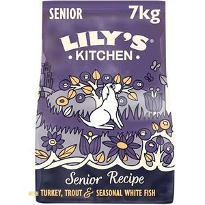 Lily's Kitchen Senior Recipe Kalkoen, forel en seizoensgebonden witvis - Natuurlijk graanvrij compleet droog hondenvoer (zak van 7 kg) (verpakking kan variëren)