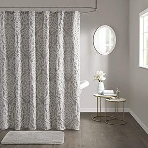 Madison Park Odette stoffen douchegordijn, luxe getextureerd jacquard, damast medaillon machine wasbaar modern huis badkamer decor, badkuip privacyscherm, 182,9 x 182,9 cm, zilver