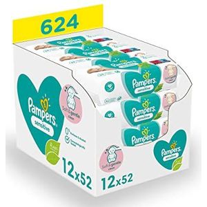Pampers Sensitive Billendoekjes, 624 Babydoekjes (12 x 52 Doekjes), Babydoekjes Voor De Gevoelige Huid, Geurvrij
