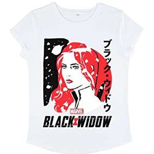 Marvel Black Drawn Widow T-shirt voor dames met opgerolde mouwen, wit, M