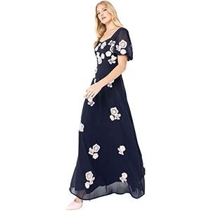 Maya Deluxe Maxi-jurk voor dames, bloemenversierd, korte mouwen, maxi-jurk, bruiloftsgast, bruidsmeisje, avond, balbal, marineblauw, 34