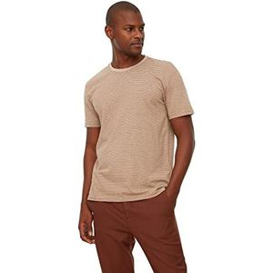 TRENDYOL Heren Ronde Hals Gestreept Regular T-shirt, Brown, XL, bruin, XL