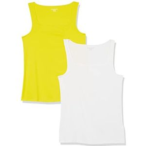 Amazon Essentials Tanktop voor dames, slimfit, vierkante hals, 2 stuks, wit/citroengeel, L