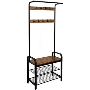 Meerveil Garderobe, entree, garderobe met schoenenrek, 3 niveaus, 9 afneembare haken, metalen frame, 72 x 34 x 183 cm, rustiek bruin en zwart