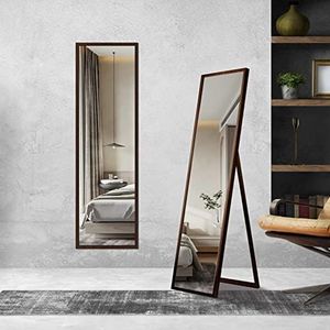 HOHAOO Spiegel in volledige lengte, 150 x 40 cm, staande staande of leunende full-body spiegel, grote spiegel met bruin frame voor kleedkamer, slaapkamer, woonkamer