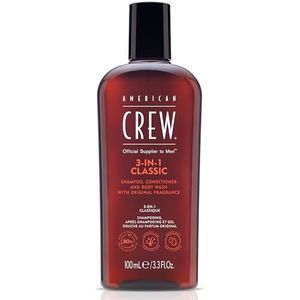 American Crew 3-in-1 Reisverpakking, Shampooing, Conditioner & Body Wash voor Haar en Lichaam (100ml), Versterkend, Hydraterend en Verzachtend.