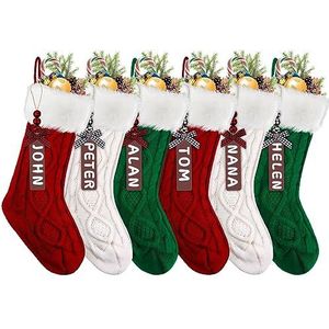 XIMISHOP 6PACK kerstkousen, 45 cm grote kabel gebreide kous gepersonaliseerde kerstkous decoraties met naamlabels voor vakantie kerstfeest familie decor (groen rood wit