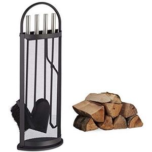 Relaxdays haardset - modern - 5-delig - pook - schep - bezem - tang - haardstel