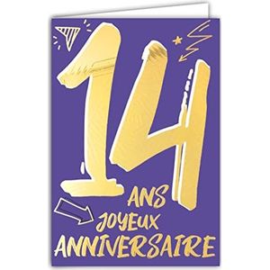 Afie 69-2414 wenskaart voor de 14e verjaardag in goud glanzend gestructureerd voor jonge meisjes, kleurtekst voor binnen, met envelop, gemaakt in Frankrijk, ColorAges