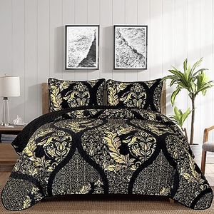 Zwarte dekbedovertrekset Queen Size, Boho Gold Damast Sprei Coverlet Set Zachte Lichtgewicht Microfiber Luxe Beddengoed Set 3 Stuks voor Alle Seizoen (96""x90"")