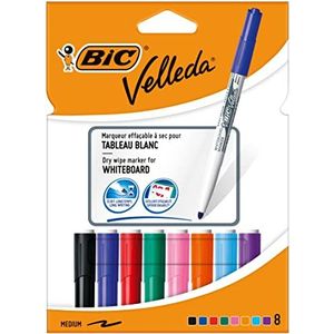 BIC Velleda, whiteboard markeerstiften, medium punt, diverse kleuren, in duurzaam zakje, 8 markers