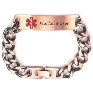 Voorgegraveerde puur koperen ketting medische waarschuwing ID armband voor vrouwen mannen, lengte: 19-22 cm verstelbaar, breedte: 12 mm (Warfarin-gebruiker)