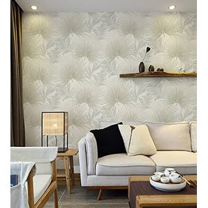 BUVU Behang 53 x 1000 cm beige, wit, bloemenbehang, bloemenbladeren, design look, modern vinyl