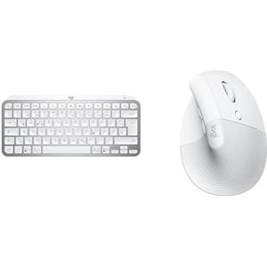 Logitech MX Keys Mini draadloos toetsenbord, lichtgrijs, QWERTZ & Logitech Lift Vertical Ergonomische Muis, Draadloos, Bluetooth of Logi Bolt USB-ontvanger, Stille klikken, Wit