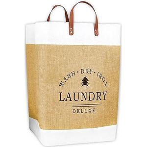 IPEA Laundry Elegante en opvouwbare wasmand, 55 cm x 33 cm, waszak van stof met handgrepen van leer, voor kleding, voorwerpen of vuile was, beige