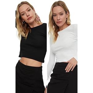 Trendyol Vrouwen normale standaard gebreide blouse met ronde hals, Zwart-wit, XL