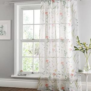 Dreams & Drapes - Zomerweide Bloemen enkel net gordijn voor ramen, 140 x 137 cm (b x l) - raamnet voor bloemen en vogels - wit voilegordijn voor slaapkamer en woonkamer - witte doorschijnende