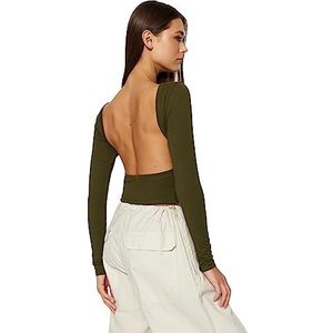 Trendyol Damesblouse met rechte lange mouwen, slank, Kaki, XS