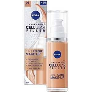 NIVEA Hyaluron Cellular Filler 3-in-1 verzorgende make-up donker (30 ml), hydraterende foundation met hyaluronzuur, gezicht voor een gelijkmatigere teint