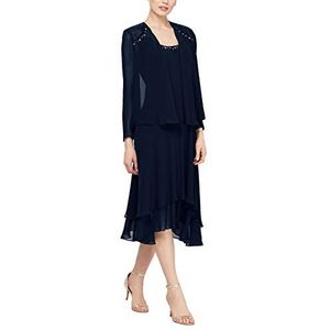 S.L. Fashions Women's Mother of The Bride Dress with Embellished Neckline & Shoulder, Wedding Guest (Petite and Regular Sizes), Navy, 18