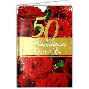 Gefeliciteerd kaart voor je gouden bruiloft, 50 jaar huwelijk, paar gouden cijfers met envelop 12 x 17,5 cm, boeket van rode roze bloemen, liefde 63-1007