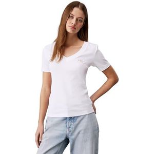 Calvin Klein Jeans Dames geweven label geribbeld V-hals T-shirt S/S T-shirt, Helder Wit, XS
