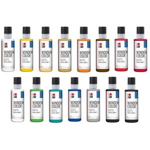 Marabu Window Color Fun & Fancy, set van 15 x 80 ml, raamverf op waterbasis, verwijderbaar op gladde oppervlakken zoals glas, spiegels, tegels en folie