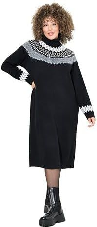 Ulla Popken - Gebreide Jurk - Grijs - Aardetinten - Zwart - Wit