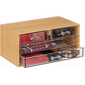 Relaxdays - Make-up Organizer - Bamboe - Natuurlijk/Transparant - 4 Lades