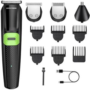 BarberBoss Alles-in-één verzorgingsset, baardtrimmer, tondeuse, neus- en oortrimmer, draadloze, gezichtsverzorging, USB-oplaadbaar, waterdicht
