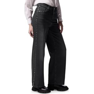 Style Studio_Denim Brede Been, Loosefit, HW, Wideleg, Zwart Washed Versierd, Black Soft Wash., 26W / 30L