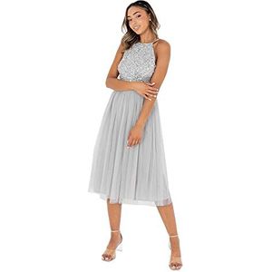 Maya Deluxe Dames Midi Jurk met houder Nek Tulle voor Evening Afstuderen Prom Bruiloft Bruidsmeisjesjurk, Soft Grey, 56 NL