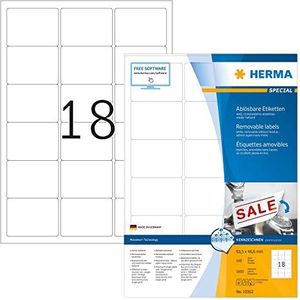 HERMA 10302 universele etiketten A4 afneembaar (63,5 x 46,6 mm, 100 velles, papier, mat) zelfklevend, bedrukbaar, verwijderbaar en opnieuw klevende etiketten, 1.800 etiketten voor printer, wit