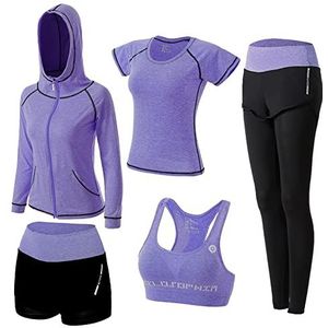ZETIY 5 stuks sportpakken voor dames, fitness, yoga, hardlopen, atletische trainingspakken, paars, XL, Paars, XL