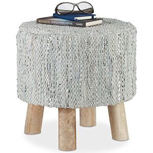 Relaxdays Kruk grijs en metallic, ronde kruk met echt lederen bekleding en mangohouten poten, voetenbank H x D 41 x 41 cm