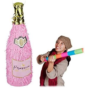 Relaxdays pinata champagnefles, champagne piñata, 18de verjaardag, feestversiering, decoratie, zelf vullen, zroze-goud