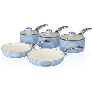 Swan Retro 5-Delige Pannenset - Blauw - Keramische antiaanbaklaag - Geschikt voor alle kookplaten - Inclusief glazen deksels