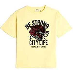 Koton Boys T-shirt met korte mouwen en ronde hals, tijger, pailletten, katoen, geel (152), 6-7 Jaar
