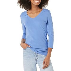 Amazon Essentials Women's T-shirt met driekwartmouwen en V-hals in klassieke pasvorm (verkrijgbaar in grote maten), Blauw, XS