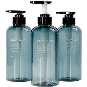 Shampoo en Conditioner Dispenser Flessen, Yeeco Pompfles 3 Pack Hervulbare Clear Blue Shampoo Dispenser 16.8 oz/500ml Plastic Shampoo Flessen met Pomp voor Badkamer, Keuken, Hotel