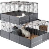 Ferplast modulaire kooi op twee niveaus voor konijnen en cavia's, MULTIPLA DOUBLE, in metalen gaas en gerecycled plastic, met accessoires.