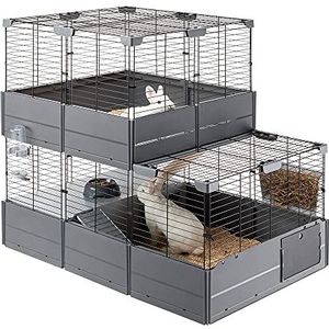 Ferplast modulaire kooi op twee niveaus voor konijnen en cavia's, MULTIPLA DOUBLE, in metalen gaas en gerecycled plastic, met accessoires.