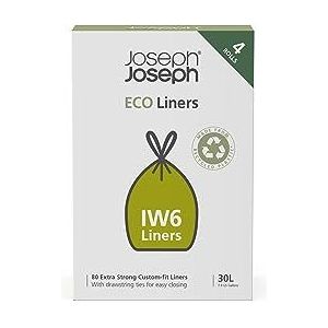 Joseph Joseph IW6 Eco Recycled plastic afvalzakken, keukenafvalzakken met trekkoordsluiting, extra sterk - 4 x pak van 20 (80 afvalzakken), voor 30 liter, grijs